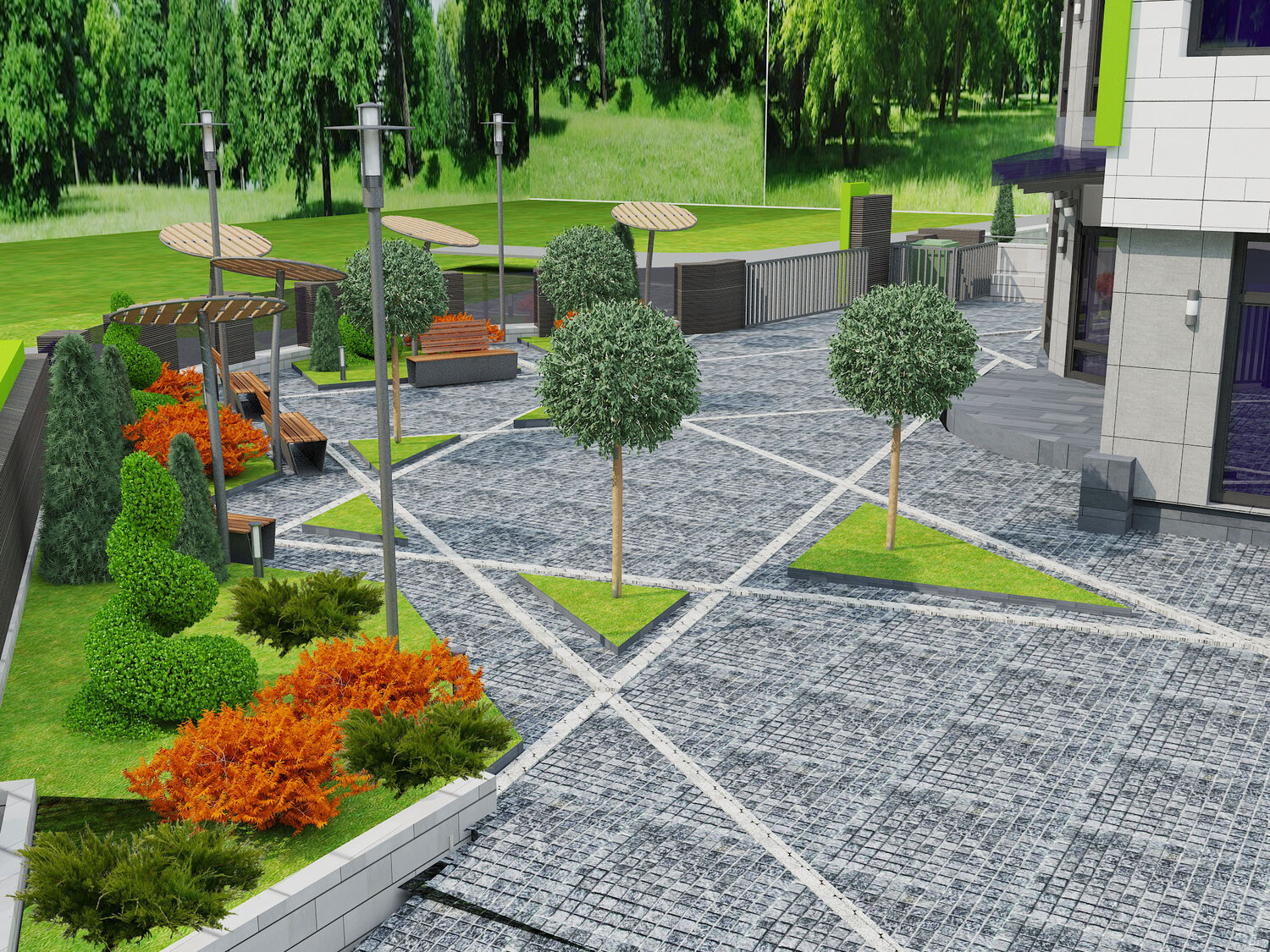 Проект зданий с ландшафтом в современном стиле